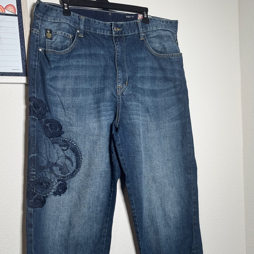 Ecko Unlimited Dark Blue Relaxed Jeans with Floral Embroidery